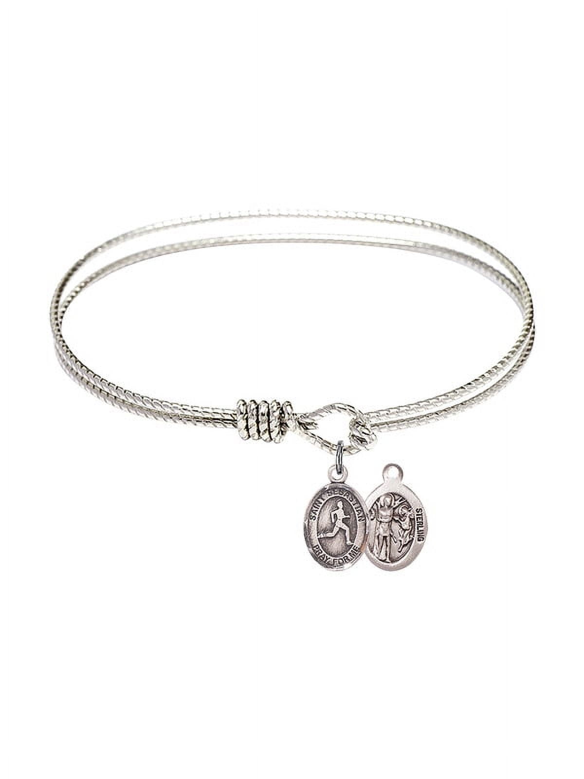 7 1/4 inch Oval Eye Hook Bangle Bracelet w/ St. Sebastian/Track & Field in Sterling Silver