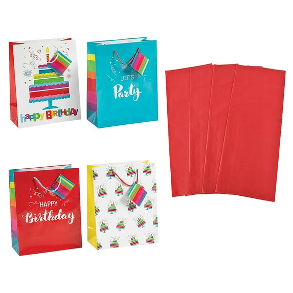 7 1/4" x 9" Medium Happy Birthday Gift Bags & Tissue Paper Kit 72 Pieces