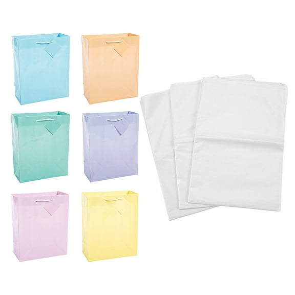 7 1/4" x 9" Medium Pastel Paper Gift Bags & Tissue Paper Kit 72 Pieces