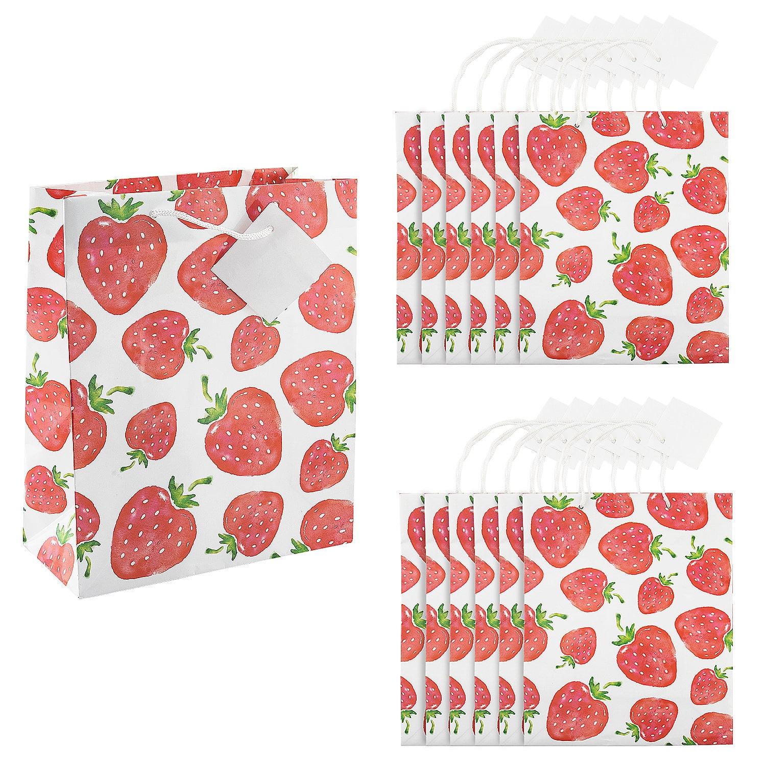 7 1/4 x 9 Medium Strawberry Gift Bags with Tags - 12 Pieces 
