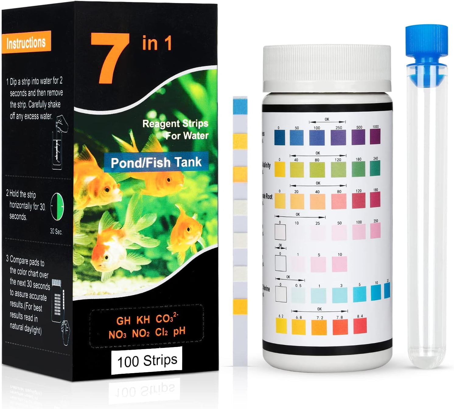 7 in 1 Aquarium Water Testing Strips, 100 Strips Marine Test Kits for
