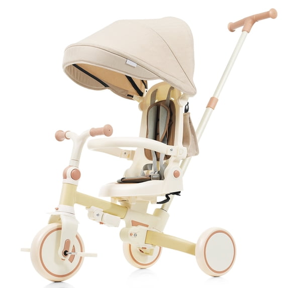 7 in 1 Baby Foldable Toddler Tricycle with Removable and Adjustable Parent Handle, Toddler Push Bike with Removable Pedal, Canopy, and Guardrail, Tricycle for 12-72 Months