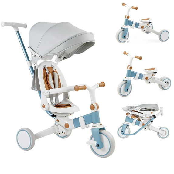 7 in 1 Baby Tricycle, Foldable Toddler Tricycle with Removable and Adjustable Parent Handle, Toddler Push Bike with Removable Pedal, Canopy, and Guardrail, Tricycle for 12-72 Months