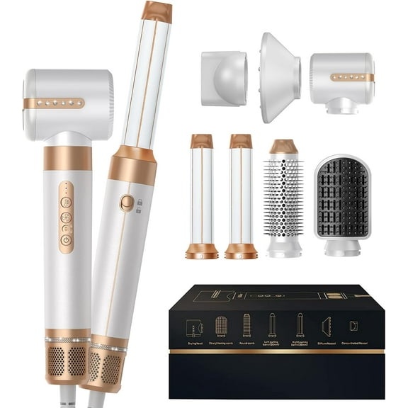 7 in 1 Blow Dryer Brush,110000RPM High-Speed Negative Ionic Hair Dryer with Diffuser Concentrator,Curling Iron Hair Straightener Round Brush Blow Out Magic Styler
