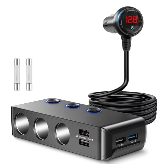7 IN 1 Cigarette Lighter Splitter, 120W Cigarette Lighter Adapter with QC 3.0(3.3FT Cable) 4 USB with LED Display 2V/24V Independent Switches DC Cigarette Outlet Car Charger for All Car Devices