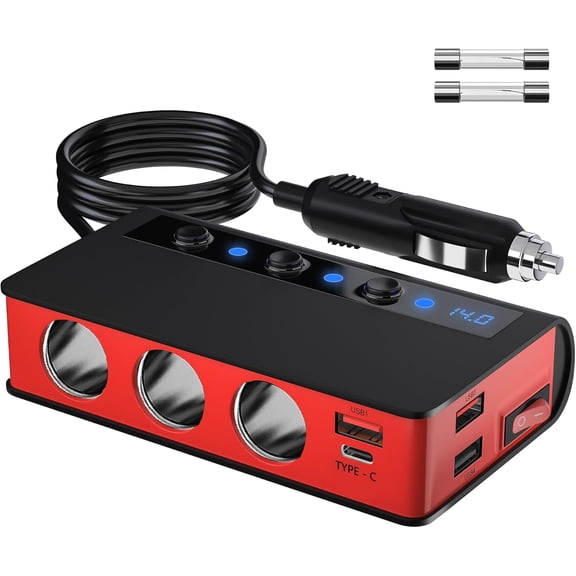 7 in 1 Cigarette Lighter Splitter 180W Car Charger Adapter with 3 sockets 12V/24V Max 6.6A 4-Port Fast Charge USB Outlet, Independent On/Off Switches & Voltage Display