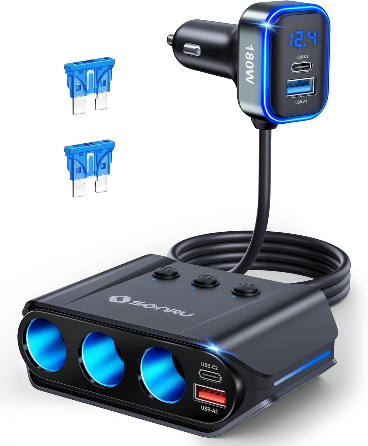7 in 1 Cigarette Lighter Splitter, 180W (max 192W) 3-Socket Car ...