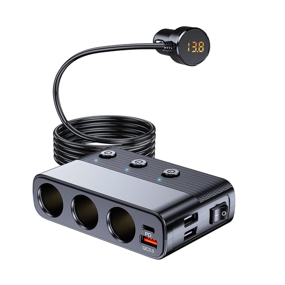 7-1 Cigarette Lighter Splitter, 3-Socket Adapter with PD 30W Type-C | 12V/24V Car Charger, QC3.0 & Dual USB Ports, Independent Switches, Voltage Display, 3.3FT Extension Cord for Truck RV SUV