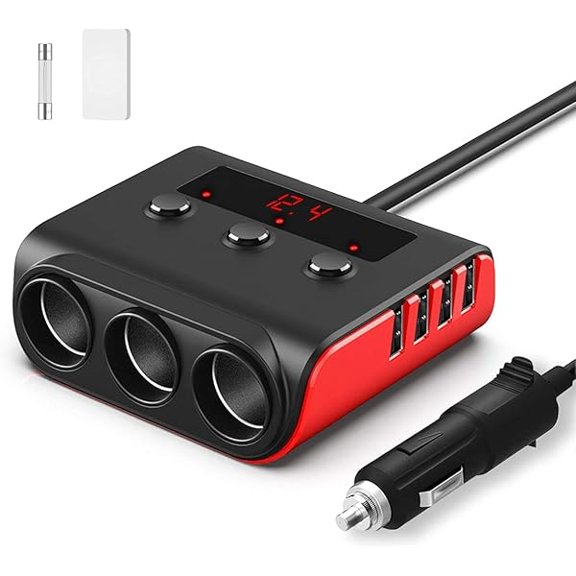 7 in 1 Cigarette Lighter Splitter, 3 Sockets Cigarette Lighter Splitter with 4 Fast Charging USB Ports, 120W 12V/24V DC Independent Power Switches & LED Voltage Display for All Car Devices