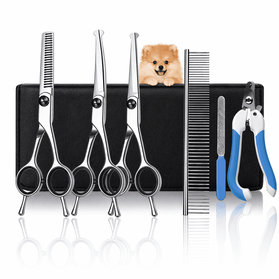 7-in-1 Dog Grooming Scissors Kit, Professional Stainless Steel Shears with Nail Clipper and File for Dogs and Cats