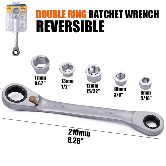 7 In 1 Double Head Ratchet Combination Spanner Set, Reversible Ratchet Wrench With 5 Sockets, Chrome Vanadium Steel Hand Tool Kit For Car And Home Appliance Installation, Silver