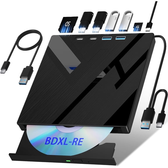7 in 1 External Blu Ray Drive, External Blueray/DVD Drive for PC with SD/TF Port Blu Ray Burner, Support 100G Disc R/W for PC External Blu Ray Drive for Windows Linux MacOS Laptop Desktop