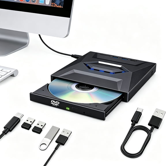 7 in 1 External CD DVD Drive for Laptop, Portable USB 3.0 & Type-C CD/DVD Burner Reader with SD/TF Card Slots, External Drive Player Writer for Laptop Desktop PC Mac Windows 11/10/7 Linux