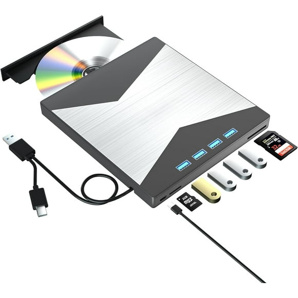 7 in 1 External DVD CD Drive, DVD Player for Laptop USB 3.0 & Type-C, Portable CD/DVD +/-RW Disk Drive, CD/DVD Burner CD ROM External Drive for Laptop Desktop PC Windows 7/8/10/XP Mac Pro/Air Linux