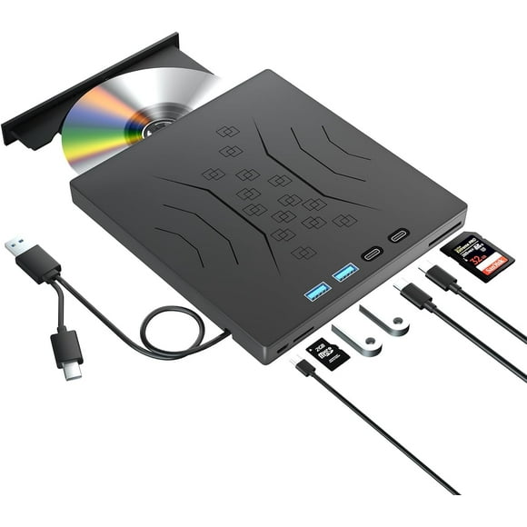 7 in 1 External DVD Drive, External CD/DVD Drive for Laptop USB 3.0 & Type-C, Portable CD/DVD +/-RW Disk Drive, CD/DVD Burner CD ROM External Drive for Laptop Desktop PC Windows 7/8/10/XP Mac Linux