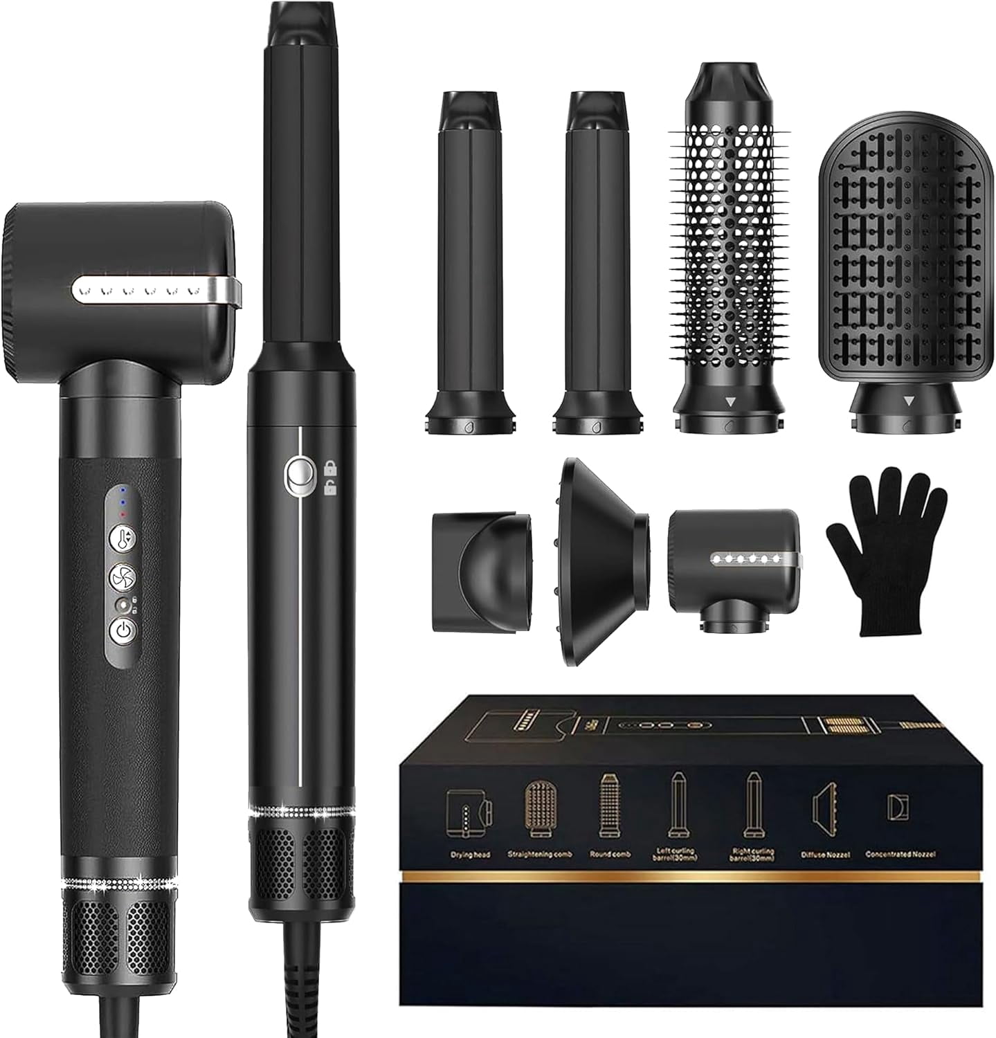 7-in-1 Hair Dryer Brush Set with Diffuser & Concentrator - Professional Ionic Hot Air Styler with Auto-Wrap Curler for Straight, Wavy & Curly Hair, Includes Storage Case