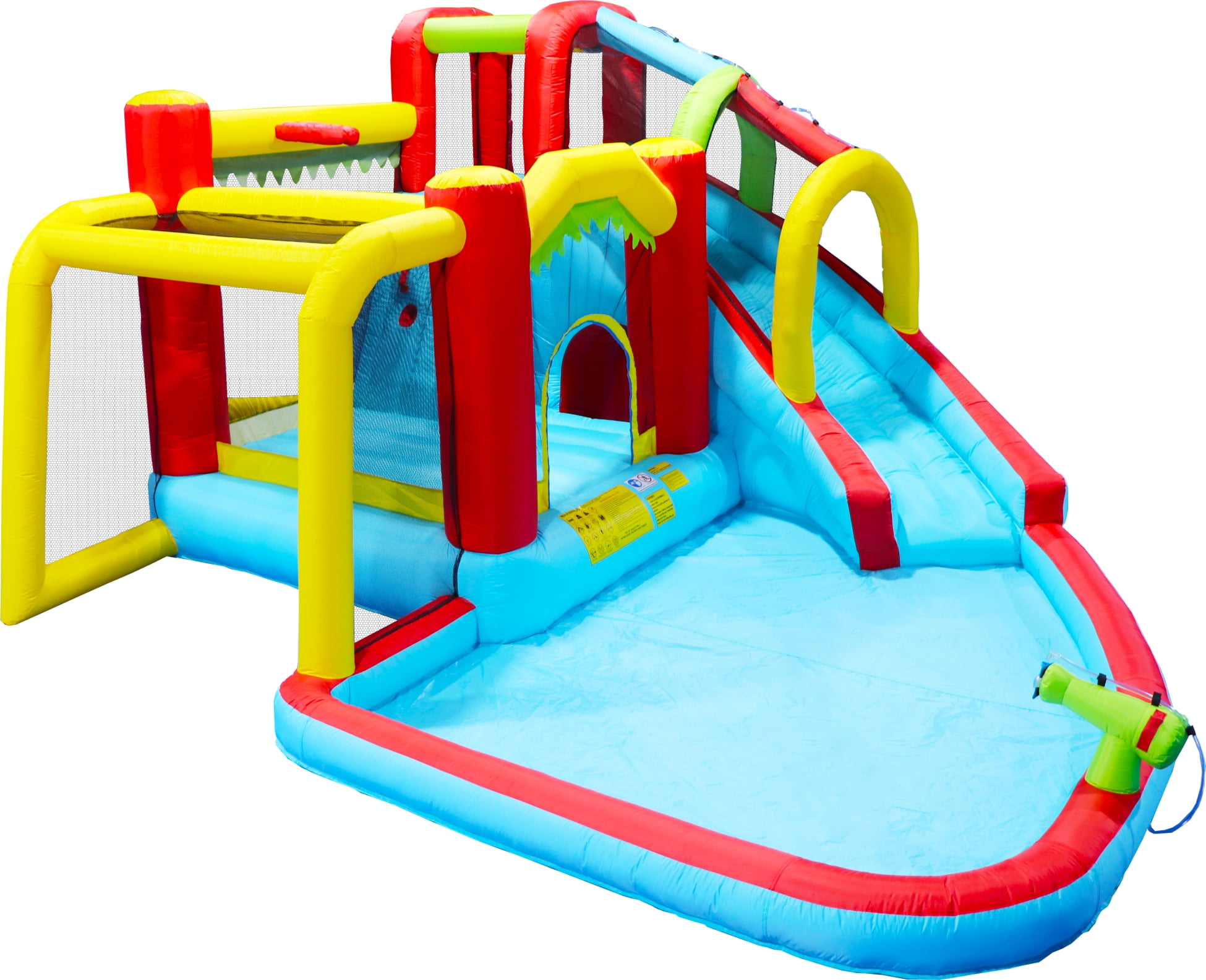 7 in 1 Inflatable Slide Water Park Bouncing House, Outdoor Soccer Garden Bouncer with Splash Pool & Climbing Wall & Basketball & Football, Maximum Weight Capacity is 400lbs