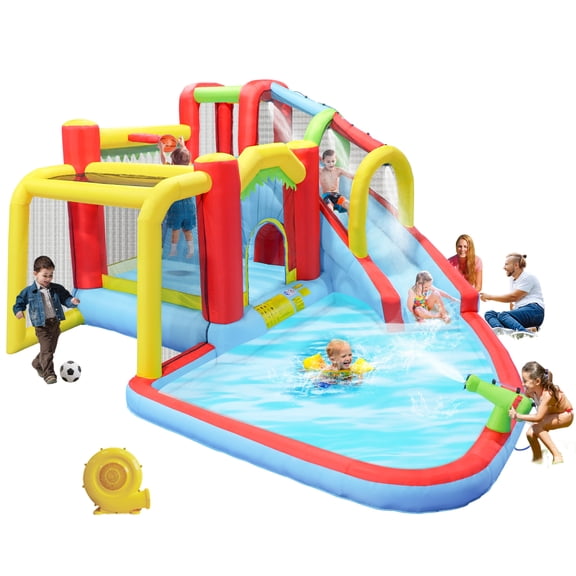 7 in 1 Inflatable Water Park Bounce House for Kids, Backyard Water Slide with Soccer, Basketball Hoop, Climbing Wall, Splash Pool, Water Cannon, Blower Included