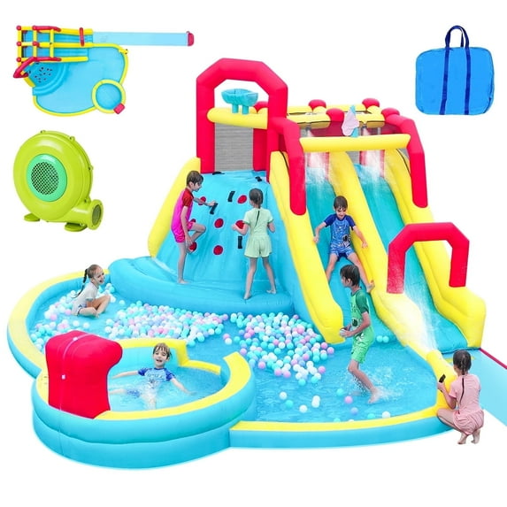 Neche 7 in 1 Large Inflatable Water Slide Bounce House ,220.4" x 102.3" x 193.3",With 750w Blower,2 Water Slides, Double Blow up Splash,Deep Pool,Climbing Wall,Water Canon