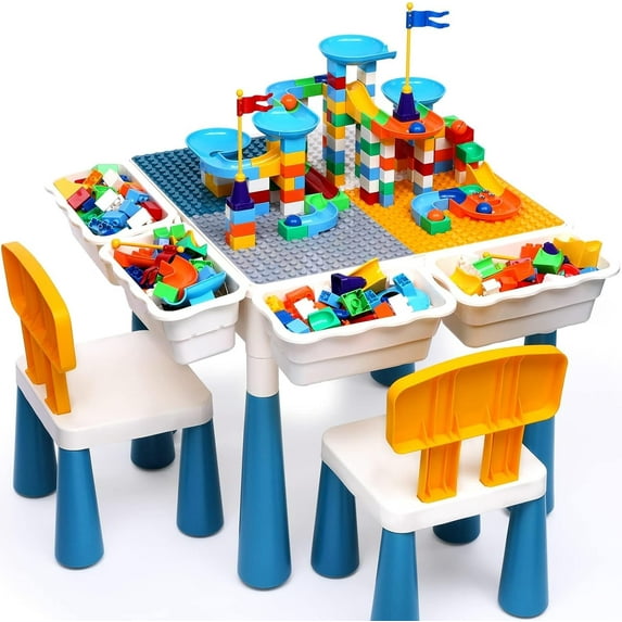 7 in 1 Kids Activity Table and Chair Set with 152Pcs Large Marble Run Building Blocks, Sand/Water Table, Toddler Learning Play Table Toys for Girls Boys Toddler Age 3-7 Blue