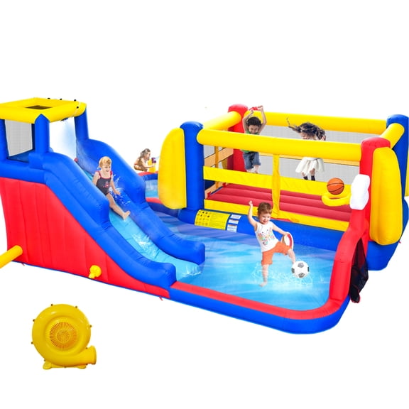 7 in 1 Kids Inflatable Water Park, Outdoor Inflatable Water Slide with Deep Splash Pool, Climbing Wall, Basketball Hoop & Soccer Goal, Backyard Bounce House for Summer Lawn Play