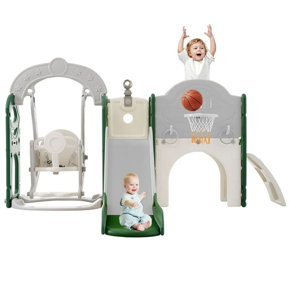 7 in 1 Kids Slide and Swing Set for Indoor and Outdoor, Freestanding Playground Slipping Slide Climber Toy Playset with Basketball Hoop, Telescope, Drawing Whiteboard and Ring Toss Game