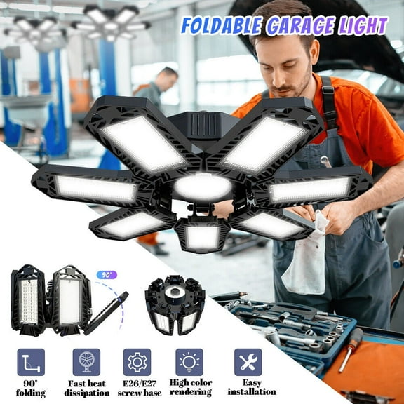 LED Garage Light with 7+1 Adjustable Panels, Deformable Ceiling Light, 120W E26/E27 LED Lighting for Basement, Garage, Attic