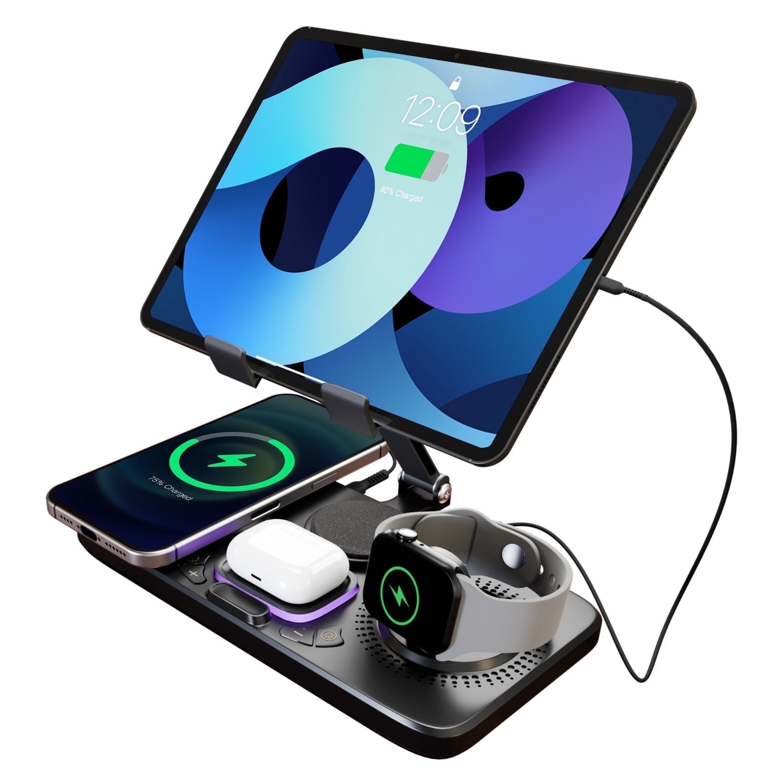 7 in 1 Magnetic Wireless Charger, Compatible with iPhone 16 15 14 13 12 11 8 X XR SE , for Apple Watch 2 to 10 Series, for AirPods Pro 4 3 2, Simultaneously for iPad via USB, Dual Hinge Adjustment