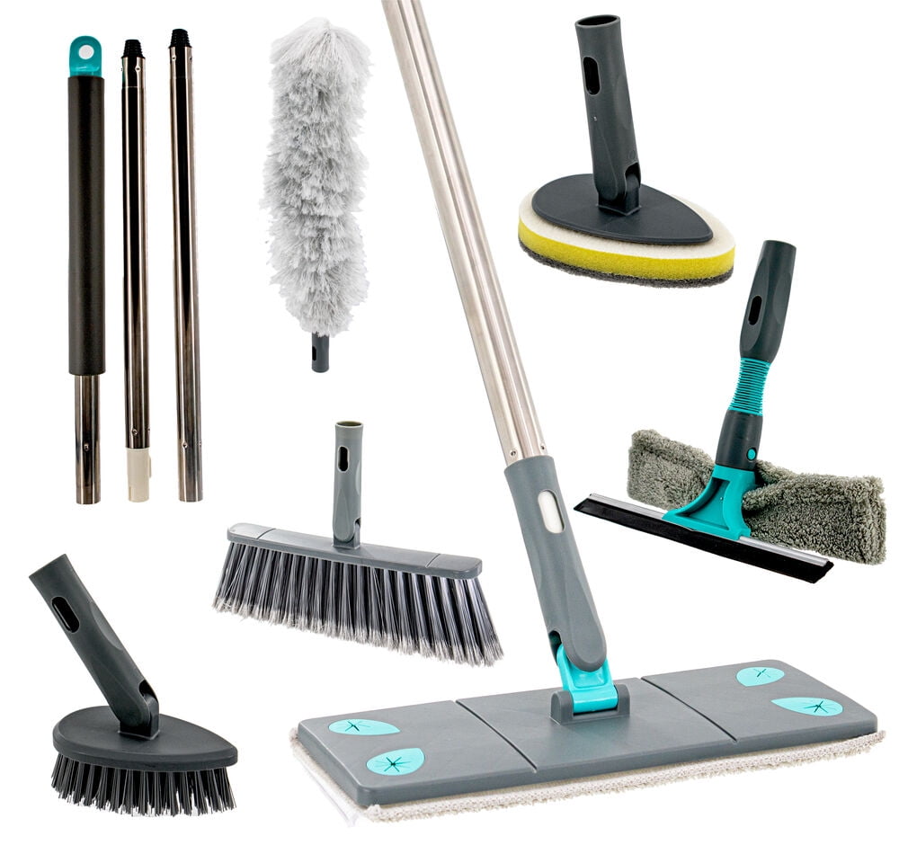 7 in 1 Microfiber Mop, Broom, Bendable Duster, 2 in 1 Squeegee & Dryer, Tile Scrubber, & Scrub Brush Sponge - Ultimate Home Cleaning Kit W/ Extension Pole