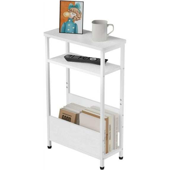 7.1" Narrow Side Table for Small Spaces, 3 Tier Small End Table with Magazine Holder, Slim/Skinny Nightstand/Bedside Table for Living Room, Bedroom, 15.4" L x 24.2" H, White