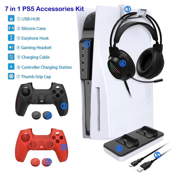 7 in 1 PS5 Accessories Kit with 4 Ports USB Hub, Dual Controller Charging Station, Anti-Slip Silicone Cover Skin for PS5 Controller with Thumb Grip Caps, Gaming Headset and Hanger