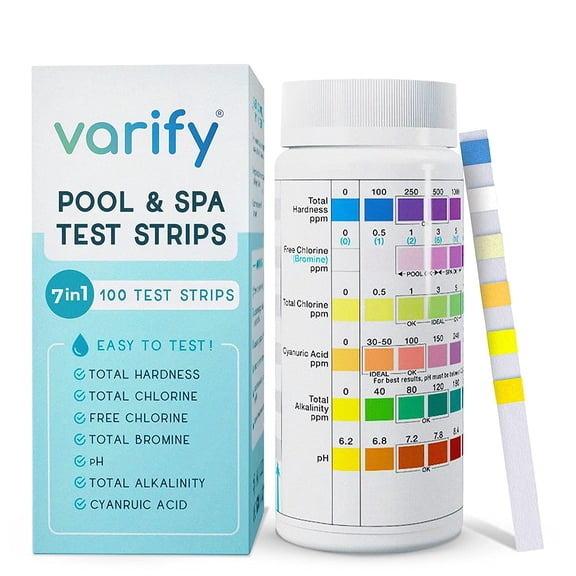 7 in 1 Pool and Spa Test Strips- Easy to Use Water Testing Kit for Pool, Spa, Hot Tub & More - Tester Strip Hardness, Chlorine, Bromine, pH, Alkalinity Cyanuric Acid (100 Strips)