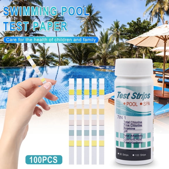 7 In 1 Pool And Spa Test Strips Kit, 100 Accurate Hot Tub Water Testing Strips For pH, Total Alkalinity, Cyanuric Acid, Total Hardness, And More, Compatible With Swimming Pools, Spas, And Hot Tubs