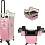 7 in 1 Professional Aluminum Interchangeable Rolling Makeup Nail Tech Train Case Large Capacity Trolley Travel Storage Cosmetic Organizer Portable Acrylic Clear Top with Extra Lid, Pink Stripe
