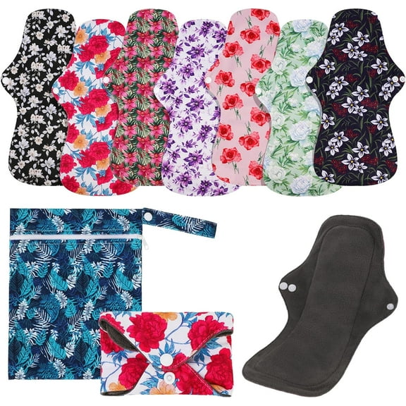 7 in 1 Reusable Menstrual Pads, 13 x 7.5 inch Washable Overnight Cloth Panty Liners, Bamboo Cloth Large Sanitary Pads for Heavy Flow with Wet Bag - XL