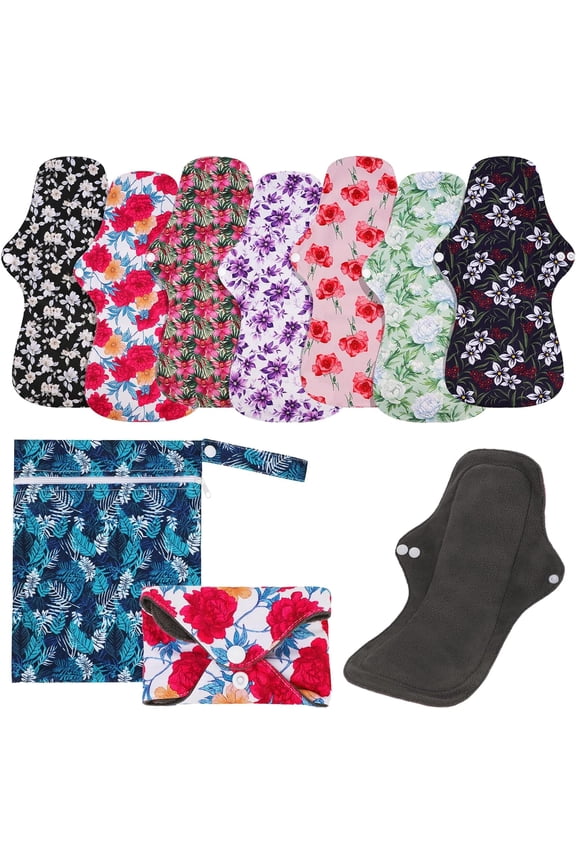 7 in 1 Reusable Menstrual Pads, 13 x 7.5 inch Washable Overnight Cloth Panty Liners, Bamboo Cloth Large Sanitary Pads for Heavy Flow with Wet Bag - XL