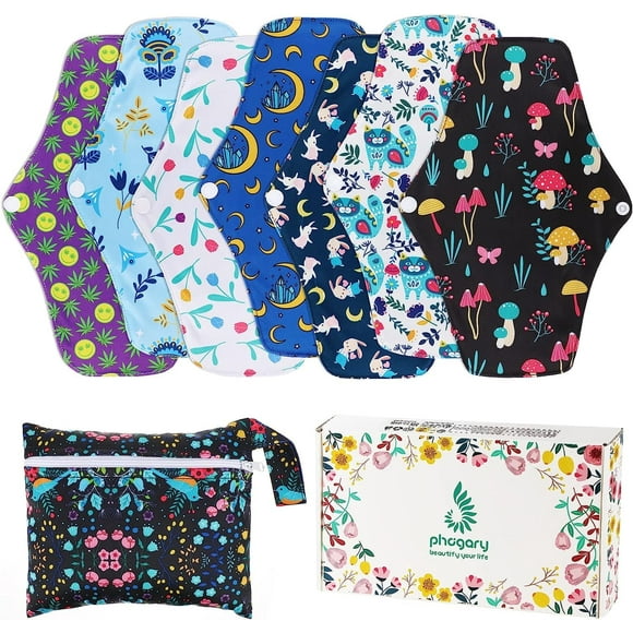 7 in 1 Reusable Menstrual Pads, Bamboo Charcoal Cloth Menstrual Pads Reusable Sanitary Pads Mama Panty Liners with Wet Bag for Heavy Flow, Soft Washable
