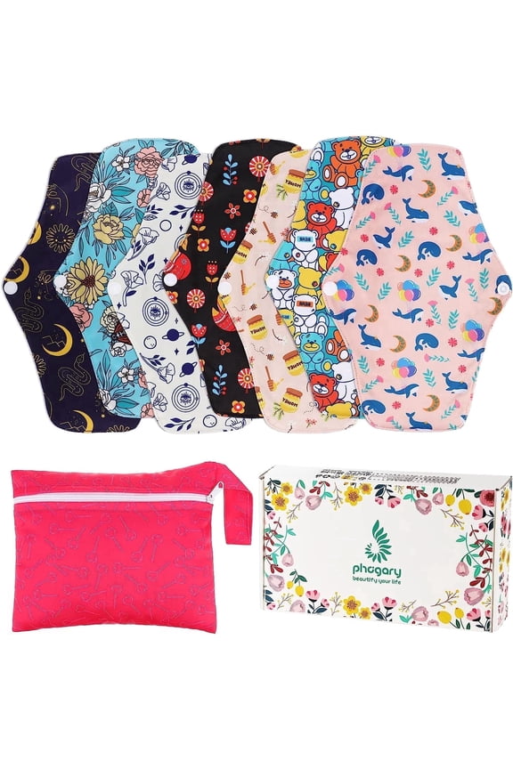 7 in 1 Reusable Menstrual Pads, Bamboo Cloth Pads for Heavy Flow with Wet Bag, Large Washable Overnight Soft Cloth Sanitary Pads Panty Liners Period Pads
