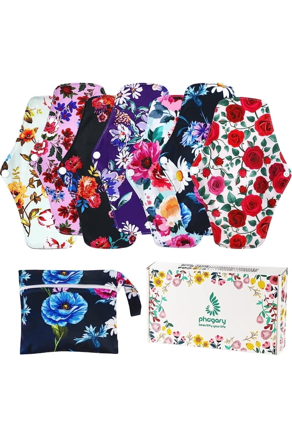 7 in 1 Reusable Menstrual Pads, Bamboo Cloth Pads for Heavy Flow with Wet Bag, Large Washable Overnight Soft Cloth Sanitary Pads Panty Liners Period Pads