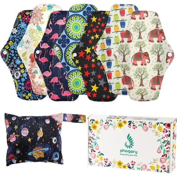 7 in 1 Reusable Menstrual Pads, Bamboo Cloth Pads for Heavy Flow with Wet Bag, Large Washable Overnight Soft Cloth Sanitary Pads Panty Liners Period Pads