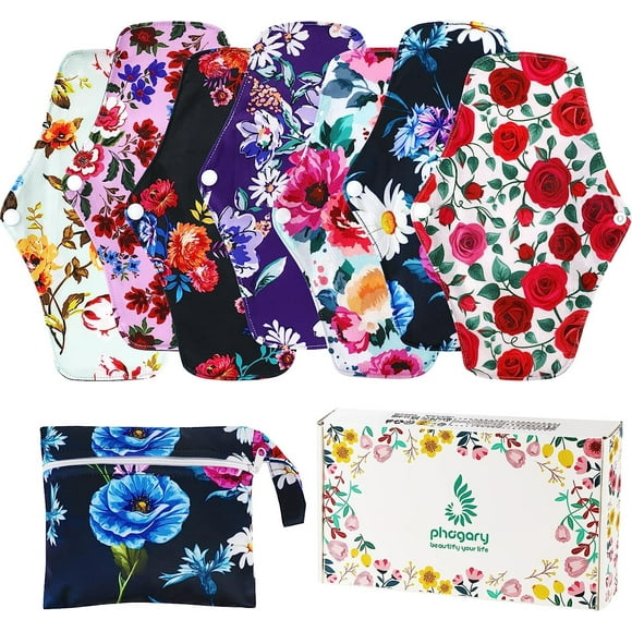7 in 1 Reusable Menstrual Pads, Bamboo Cloth Pads for Heavy Flow with Wet Bag, Large Washable Overnight Soft Cloth Sanitary Pads Panty Liners Period Pads