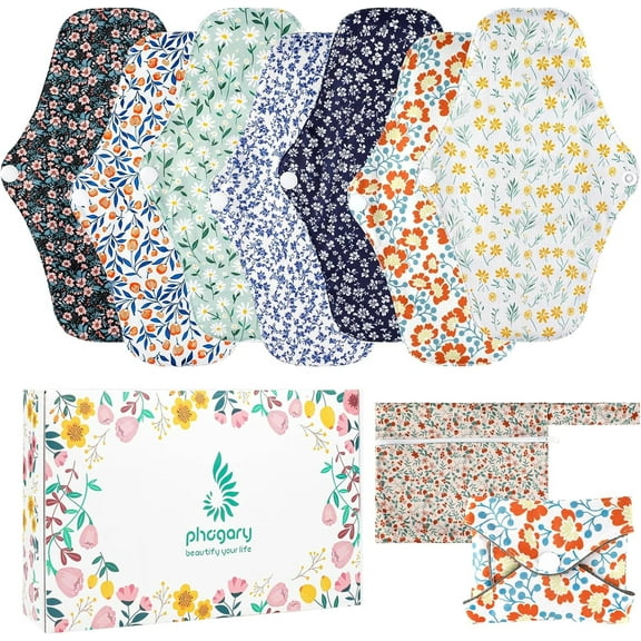 7 in 1 Reusable Menstrual Pads with Wings, 10 x 7 inch Breathable Mesh Surface Cloth Sanitary Pads for Heavy Flow with Wet Bag, Washable Overnight Cloth Panty Liners for Women - L