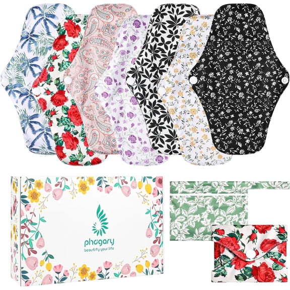 7 in 1 Reusable Menstrual Pads with Wings, 10 x 7 inch Breathable Mesh Surface Cloth Sanitary Pads for Heavy Flow with Wet Bag, Washable Overnight Cloth Panty Liners for Women - L