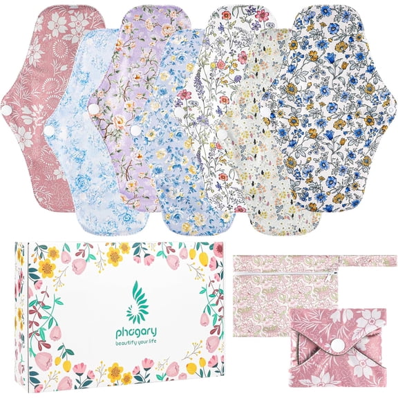 7 in 1 Reusable Menstrual Pads with Wings, 10 x 7 inch Breathable Mesh Surface Cloth Sanitary Pads for Heavy Flow with Wet Bag, Washable Overnight Cloth Panty Liners for Women - L