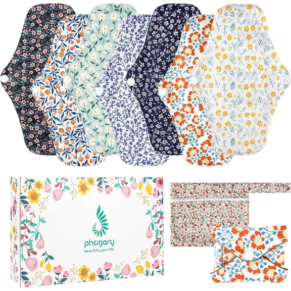 7 in 1 Reusable Menstrual Pads with Wings, 10 x 7 inch Breathable Mesh Surface Cloth Sanitary Pads for Heavy Flow with Wet Bag, Washable Overnight Cloth Panty Liners for Women - L