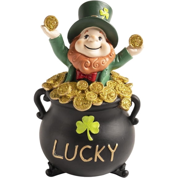 7.1" St Patricks Day Leprechaun Decorations, Resin Saint Patrick's Pot of Gold Figurines, Black Green Indoor Table Centerpieces Shelf Mantel Office Desk Top March Home Decor, Irish Gifts