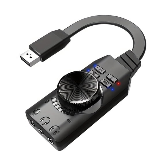 7.1 Surround Sound USB Audio Interface - External Gaming Headset Amplifier with Volume Control, LED Indicators, and Multiple Input Ports for PC, Laptop, and Mobile Devices, Gaming Audio Enhancer