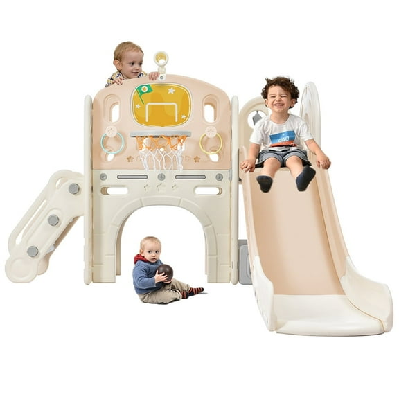 7 in 1 Toddler Slide for Indoor Playground, Freestanding Kids Climber Slide Playset with Arch Tunnel, Ring Toss, and Basketball Hoop, Toy Storage Organizer
