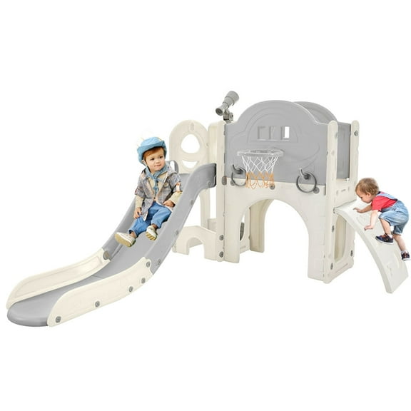 7 in 1 Toddler Slide for Indoor Playground, Freestanding Kids Climber Slide Playset with Basketball Hoop, Telescope, Crawl-through Tunnel, Golf Hole and Ring Toss Game