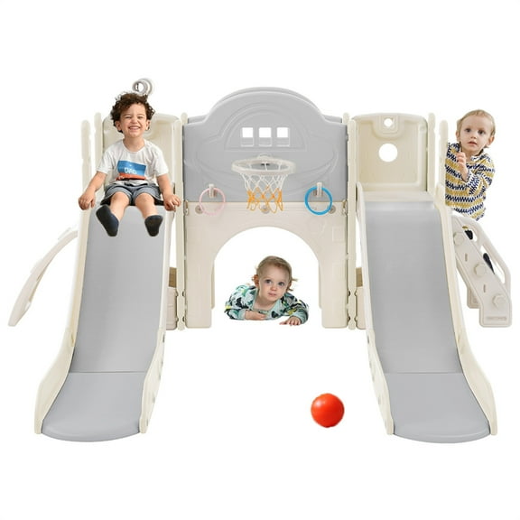7 in 1 Toddler Slide for Indoor Playground, Freestanding Kids Climber Slide Playset with Basketball Hoop, Telescope, Crawl-through Tunnel, Golf Hole and Ring Toss Game